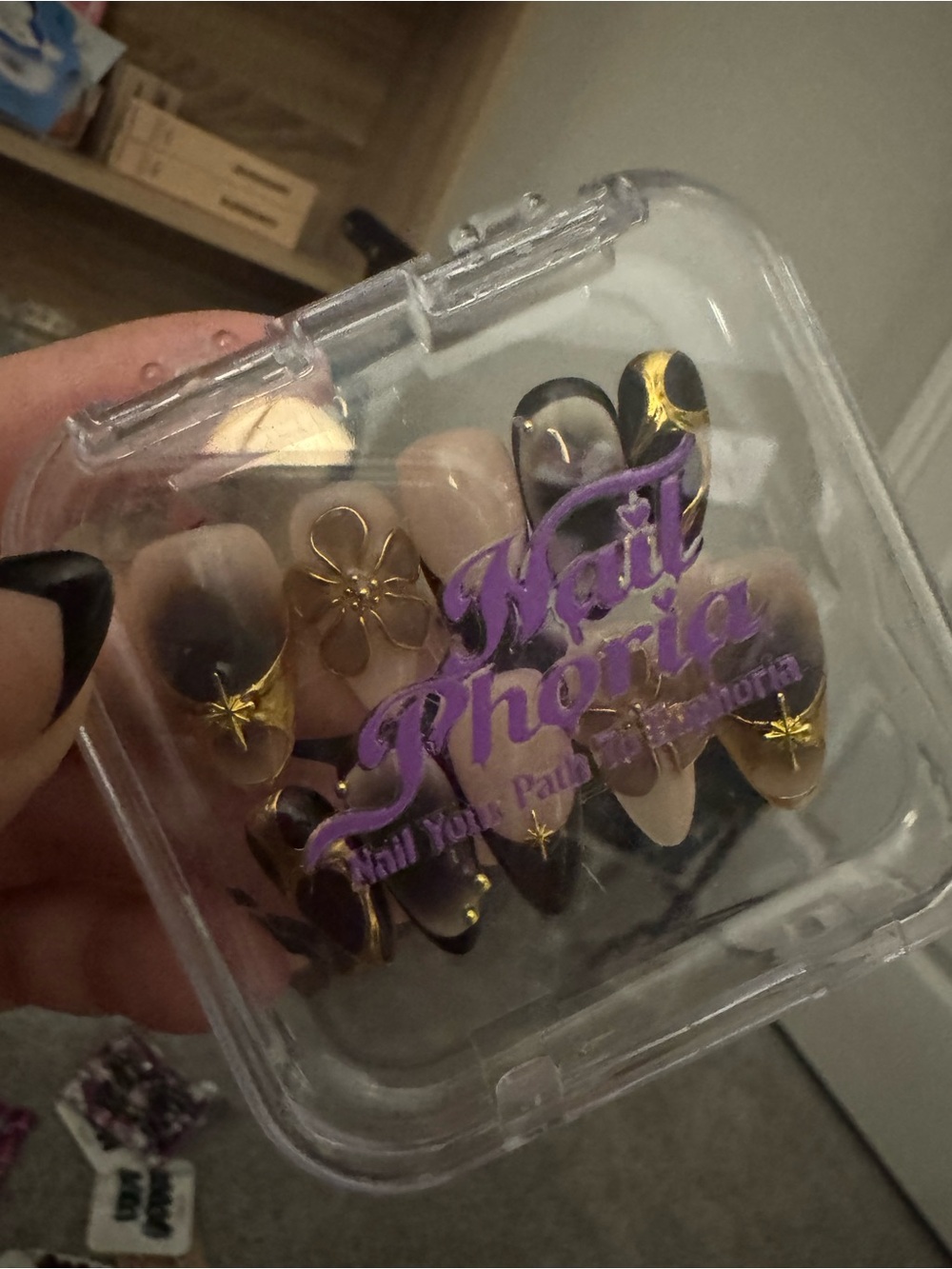 Nail Phoria Press-On Nails - Black, Gold & Nude Floral Set